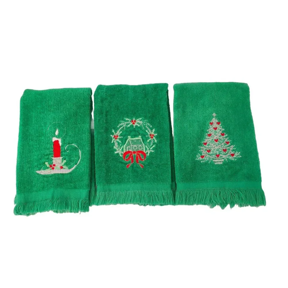 2 Cannon 1 Royal Terry Christmas Tree Wreath Candle Green Embroidered Towels VTG
